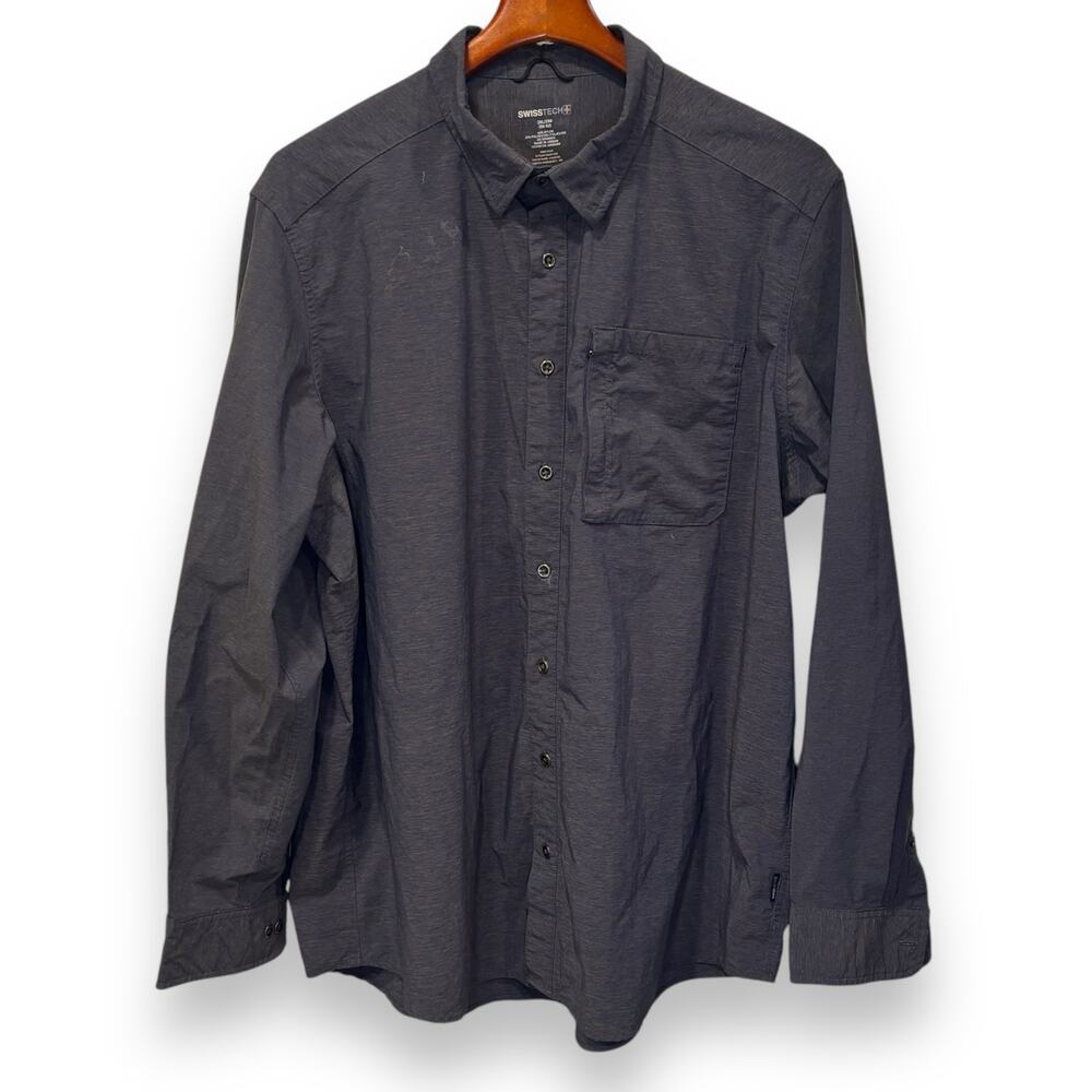Swiss Tech Gray Nylon Blend Long Sleeve Button Down Size 2XL XXL Outdoor *FLAW*